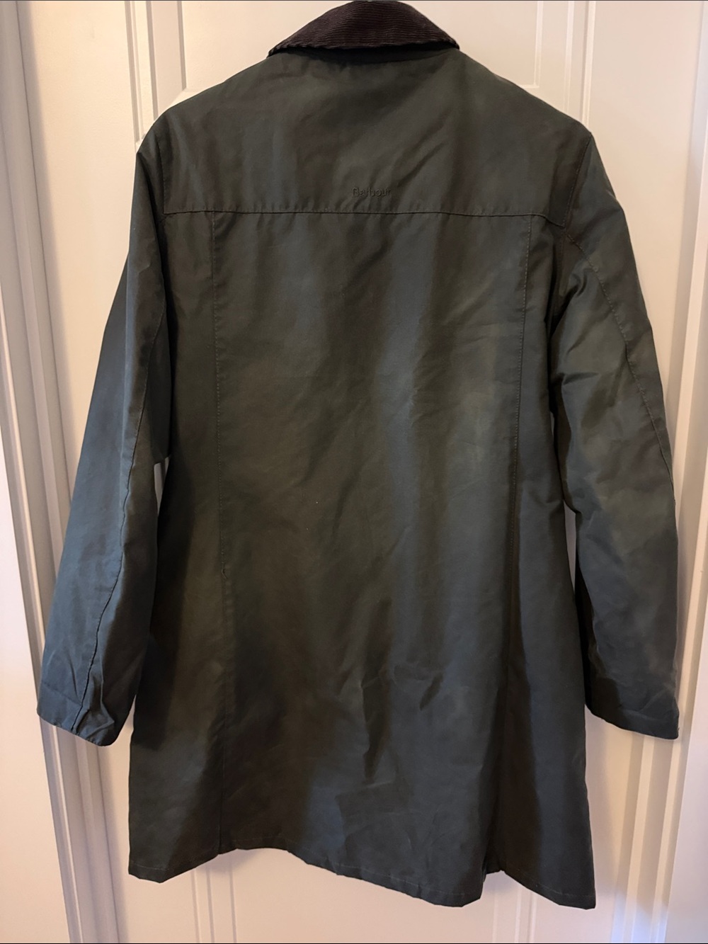 Barbour Dark Green Waxed Cotton Coat with Brown Corduroy Collar - Picture 8 of 8